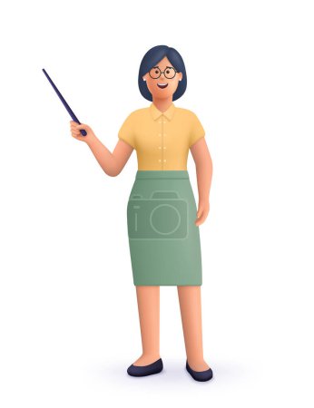 Smiling teacher showing something using pointer. Studying, education and online learning concept. 3d vector people character illustration. Cartoon minimal style.