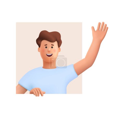 Téléchargez les illustrations : Jeune homme souriant avec un geste de salutation, disant Bonjour, Salut ou Bye et agitant la main. Illustration de personnages vectoriels 3D. Dessin animé style minimal. - en licence libre de droit