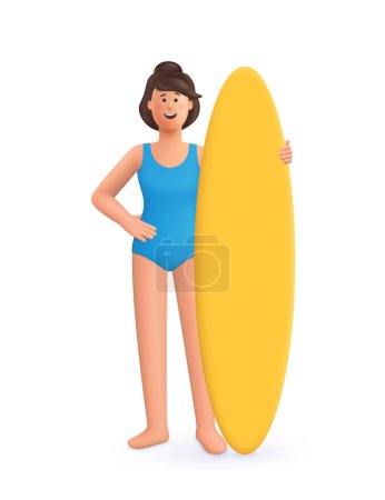 Junge lächelnde Frau im Badeanzug mit Surfbrett. Sommersportkonzept. 3D-Vektor Menschen Zeichen Illustration. Minimaler Cartoon-Stil.