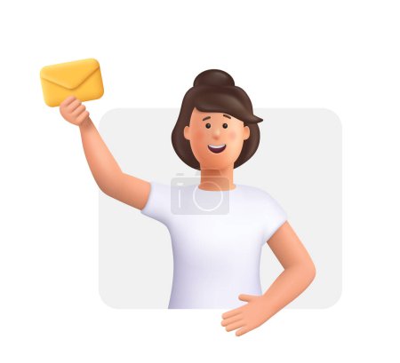 Junge lächelnde Frau hält gelben Umschlag in der Hand. Post, Geschenk, Promotion, E-Mail, Messenger Service Konzept. 3D-Vektor Menschen Charakter Illustration.Cartoon minimalen Stil.