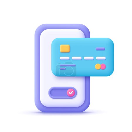 Smartphone or mobile phone and plastic credit card. Online shopping, online payment and banking concept. 3d vector icon. Cartoon minimal style.