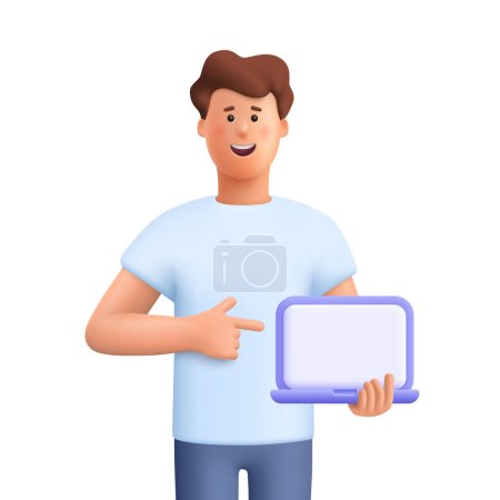 Illustration for Young smiling man holding and pointing at blank screen laptop computer. Distance and e-learning education concept. 3d vector people character illustration. Cartoon minimal style. - Royalty Free Image