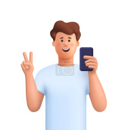 Jeune homme souriant prenant selfie avec téléphone et faisant signe de geste de paix. Illustration de personnages vectoriels 3d.Cartoon style minimal.