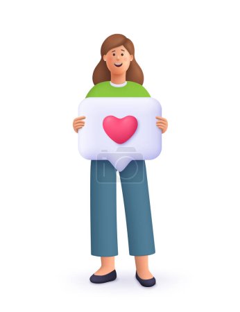 Illustration for Young smiling woman holding speech bubble with heart like symbol. Social media concept. 3d vector people character illustration - Royalty Free Image