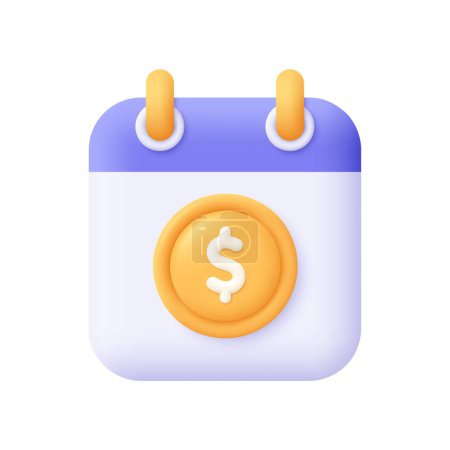 Calendar and gold coin with dollar sign. Payment day. Online banking payment and investment concept. 3d vector icon. Cartoon minimal style.