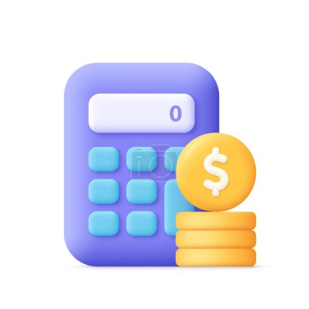 Calculator and coin money stack with dollar sign. Business, finance, accounting, tax and budget planning concept. 3d vector icon. Cartoon minimal style.
