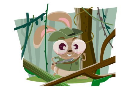 divertido conejo de dibujos animados como un explorador en la selva