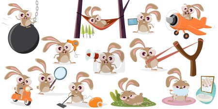 Ilustración de Gran colección de un divertido conejo de dibujos animados - Imagen libre de derechos