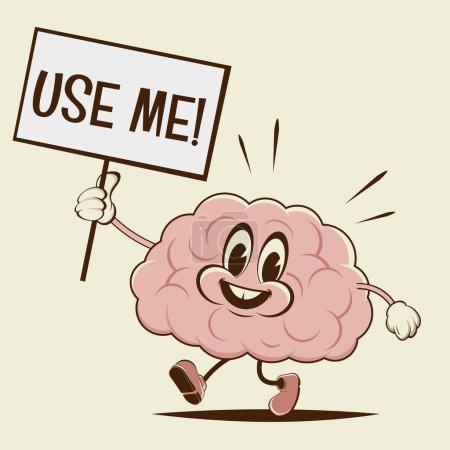 Illustration for Retro cartoon illustration of a happy walking brain with use me sign - Royalty Free Image
