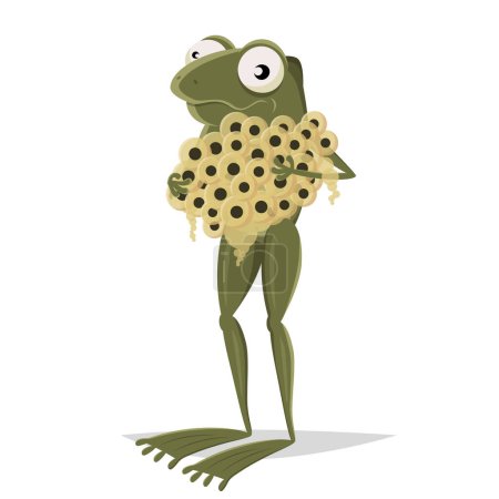 Téléchargez les illustrations : Drôle de grenouille dessin animé tenant un tas de grenouille frai - en licence libre de droit