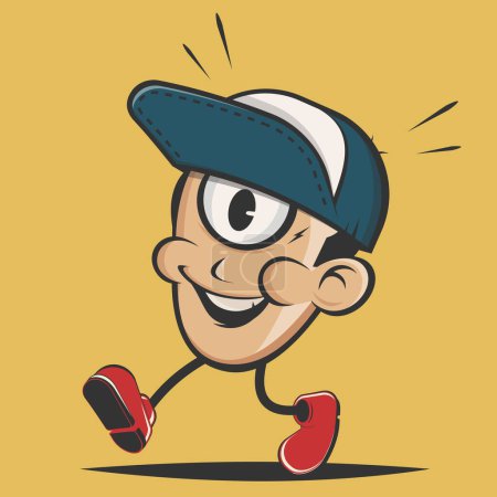Ilustración de Divertida ilustración de dibujos animados de una cabeza con gorra y un ojo caminando - Imagen libre de derechos
