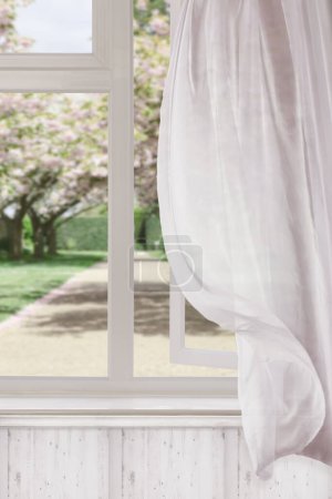 Téléchargez les photos : Matin de printemps avec fenêtre ouverte et rideaux soufflant dans la brise - en image libre de droit
