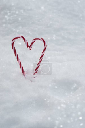 Foto de Bastones de caramelo de Navidad en la nieve con espacio de copia - Imagen libre de derechos