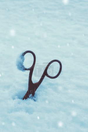 Foto de Viejas tijeras oxidadas en la nieve - Imagen libre de derechos