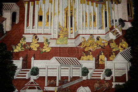 Téléchargez les photos : Ramayana Peinture sur mur d'art, le mythe de l'histoire du Ramayana au Grand Palais de Bangkok, en Thaïlande ou au Temple du Bouddha Émeraude. - en image libre de droit