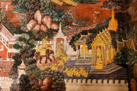 Téléchargez les photos : Ramayana Peinture sur mur d'art, le mythe de l'histoire du Ramayana au Grand Palais de Bangkok, en Thaïlande ou au Temple du Bouddha Émeraude. - en image libre de droit