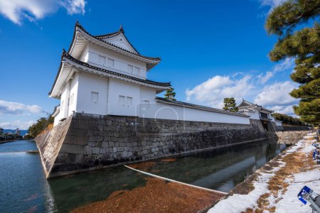 Photo for Nijo Castle moat Southeast Corner Yagura Turret with snow in winter. Kyoto, Japan. - Royalty Free Image