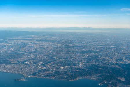 Aerial view of Shonan region in sunrise time with blue sky horizon background, Kanagawa Prefecture, Japan