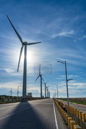 Wind turbines in Taichung Port Gaomei Wetlands Area. A popular scenic spots in Qingshui District, Taichung City, Taiwan