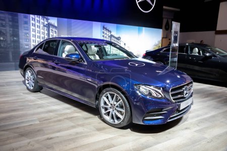 Mercedes-Benz E-class car showcased at the Autosalon Motor Show. Brussels, Belgium - January 9, 2020