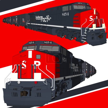 Illustration for Discover the allure of branded railroads with our two-perspective train vector set, featuring modern trains adorned with iconic logos and markings. - Royalty Free Image