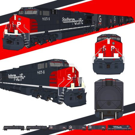 Illustration for Experience the power of iconic branding with our five-perspective train vector set, featuring modern trains adorned with distinctive logos and markings. - Royalty Free Image