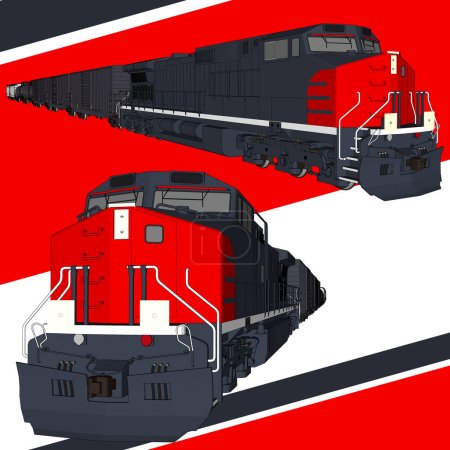 Ilustración de Conjunto de trenes modernos de doble perspectiva y sin marca: muestra detalles intrincados sin logotipos ni marcas. - Imagen libre de derechos