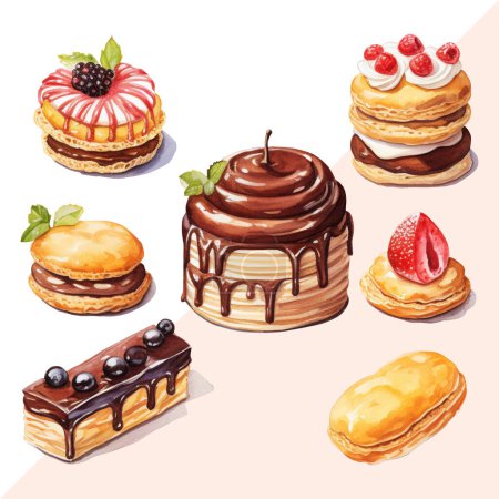 Illustration for Delicious desserts, cake, eclair, brownie, food, sweets isolated background - Royalty Free Image