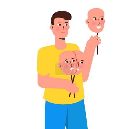 Illustration for Fake emotion, play a role concept. Character holds masks with different emotions. Vector illustration, flat style - Royalty Free Image