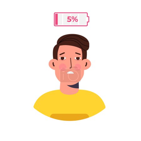 Illustration for Low of energy and tired businessman with  uncharged battery flat style concept.  Vector illustration - Royalty Free Image