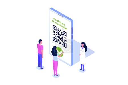 Illustration for New normal, Vaccine mobile certificate or passport, QR code on application. Vector illustration. - Royalty Free Image