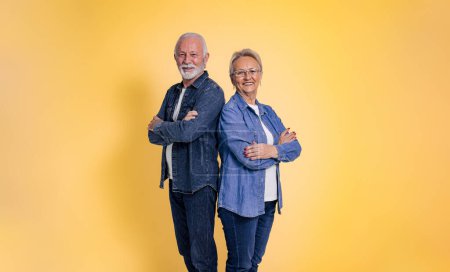 Photo for Smiling senior couple dressed in denim shirts with arms crossed standing and posing confidently while standing back to back isolated over yellow background - Royalty Free Image