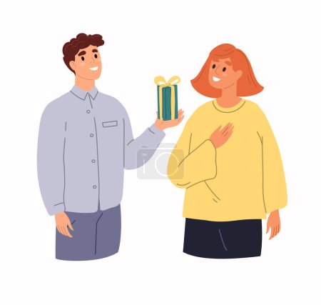 Illustration for Loving man making birthday surprise for wife. Love, affection and support in couple. Modern flat vector illustration - Royalty Free Image