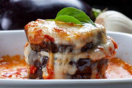 Eggplant lasagna with tomato sauce and mozzarella