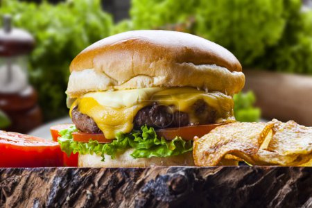Photo for Delicious hamburger with meat bun and vegetables - Royalty Free Image