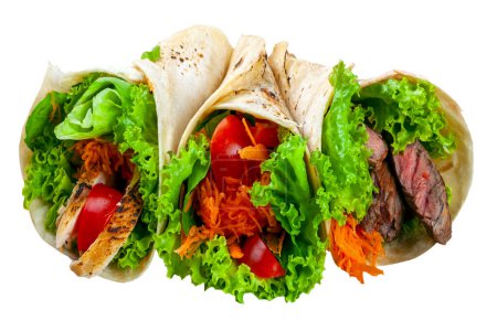 Foto de Tres burritos, carne de res, pollo y verduras - Imagen libre de derechos