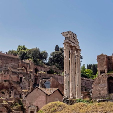 Rome Italy, three columns of the Dioscouroi temple and  Domus Tiberiana  in the Roman forum