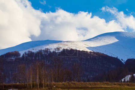 Téléchargez les photos : Campagne hivernale de vallée de montagne, forêt de conifères et de feuillus dans les Carpates, Transcarpathie, pic de Gemba recouvert de neige, nuages blancs font des ombres vert tourisme concept de beauté - en image libre de droit