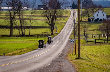 Foto de A View of Two Amish Horse and Buggies Traveling Down a Countryside Road Thru Farmlands on a Sunny December Day - Imagen libre de derechos