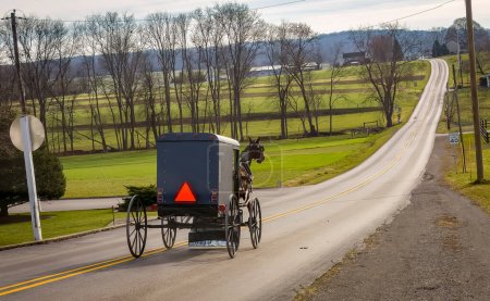 Foto de A View of an Amish Horse and Buggy Traveling Down a Hill on a Rural Road on a December Day - Imagen libre de derechos