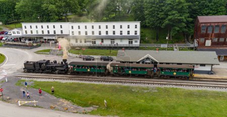 Cass, West Virginia, June 6, 2022 - An Aerial View of A Shay Locomotive Getting Ready to Push Passenger Coaches on a Scenic Tour of the Mountains of West Virginia on a Summer Day