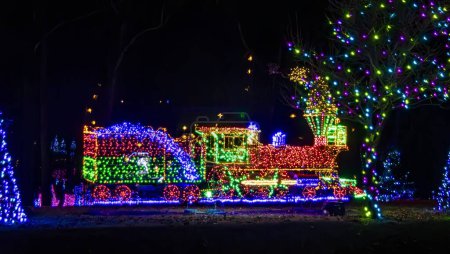 Foto de Vista nocturna de una pantalla de luz de Navidad elaborada con un tren de luz multicolor y árboles circundantes, creando una escena al aire libre vibrante y festiva. - Imagen libre de derechos