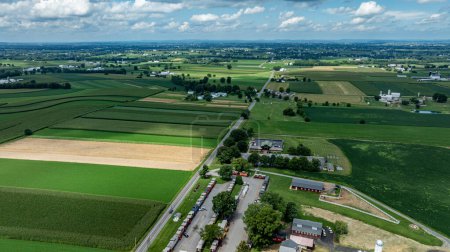 An aerial snapshot captures the lush, ordered fields of the countryside, converging with the quaint charm of a rural homestead.