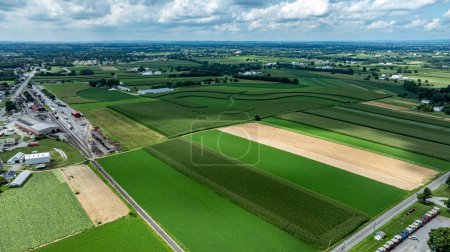 A stunning overhead shot that contrasts the structured urbanity of a small town against the lush, sprawling farmland that surrounds it.