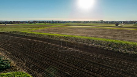 Die späte Nachmittagssonne unterstreicht eine ruhige Weite von Ackerland, mit Reihen von Getreide und bestellten Böden, ideal für Themen der Landwirtschaft und ländlichen Ökosysteme.