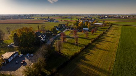 Vue aérienne d'une vaste terre agricole au coucher du soleil avec de longues ombres, présentant des automnes touchant aux arbres et aux champs, parfaite pour les thèmes de la récolte, de l'aménagement rural et des changements saisonniers.