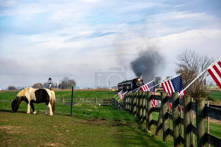 A serene pastoral scene unfolds as a horse grazes calmly while a vintage steam train passes by, flanked by American flags, a portrait of historical transport and rural life.