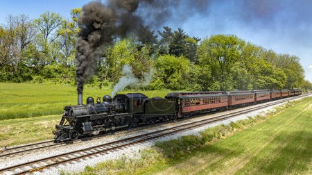 Photo for Captivating image of a classic steam train, Number 89, puffing thick black and white smoke as it glides along the tracks, framed by lush spring greenery and under a bright blue sky. - Royalty Free Image