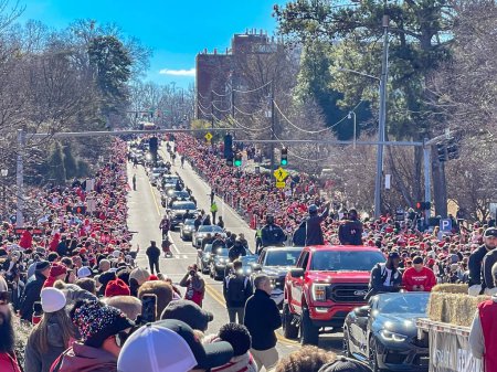 Photo for Athens, GA / USA - January 14, 2023:  Thousands of UGA football fans line the streets to cheer on the football team at the national championship victory parade on January 14, 2023 in Athens, GA. - Royalty Free Image