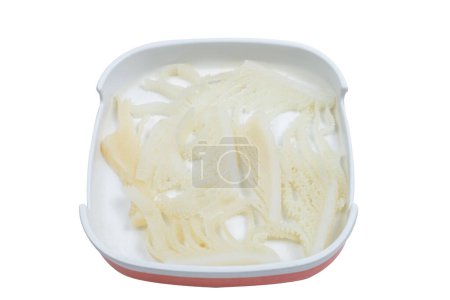 Fresh raw offal sliced on square plate isolated on white background, hot pot ingredients.